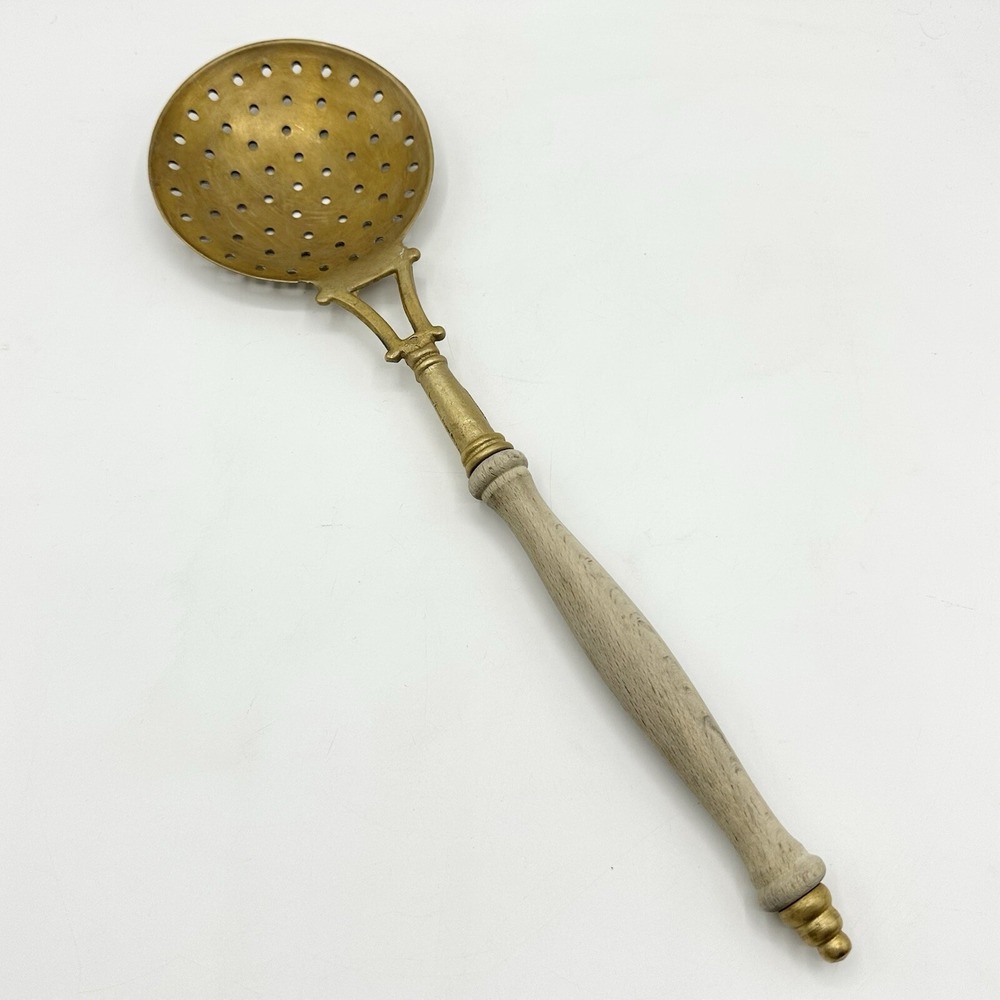Vintage Metal Skimmer Slotted Spoon Ladle Utensil Wood Handle